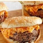 Homemade pimento cheese burger with a sesame seed bun.
