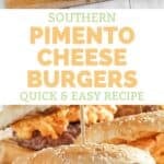 Southern pimento cheese burgers on a wooden serving board.