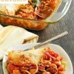 Copycat Pizza Hut cavatini in a baking dish and a serving on a plate.