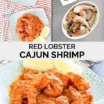 Copycat Red Lobster Cajun shrimp ingredients and the prepared shrimp served with lemon wedges.