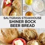 Copycat Saltgrass Steakhouse shiner bock beer bread ingredients and the loaf served with butter.