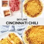Copycat Skyline chili ingredients and the chili served over spaghetti and hot dogs.
