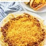 Copycat Skyline chili on hot dogs and spaghetti.