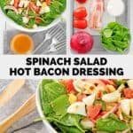 Spinach salad and hot bacon dressing ingredients and the tossed salad.