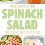 Homemade spinach salad with hot bacon dressing and the ingredients to make it.