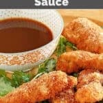 Copycat TGI Friday's Jack Daniel's sauce served with fried chicken tenders.