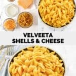 Copycat Velveeta shells and cheese ingredients and the prepared pasta in a bowl.