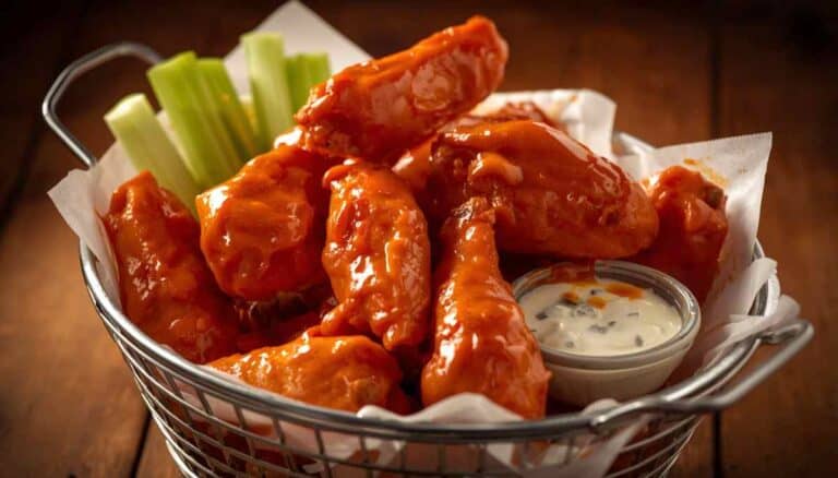 a wire basket full of buffalo chicken wings