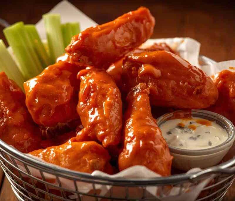 a wire basket full of buffalo chicken wings