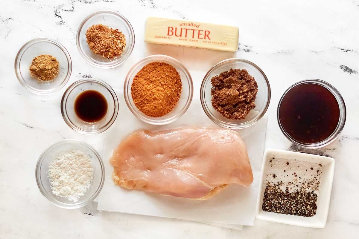 Chicken, butter, teriyaki sauce, soy sauce, brown sugar, cornstarch, and seasonings.