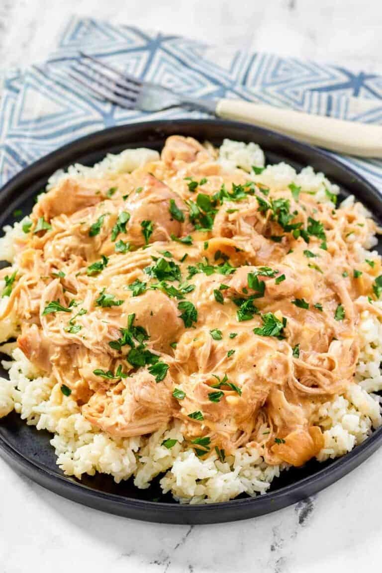 Creamy shredded chicken served with rice.