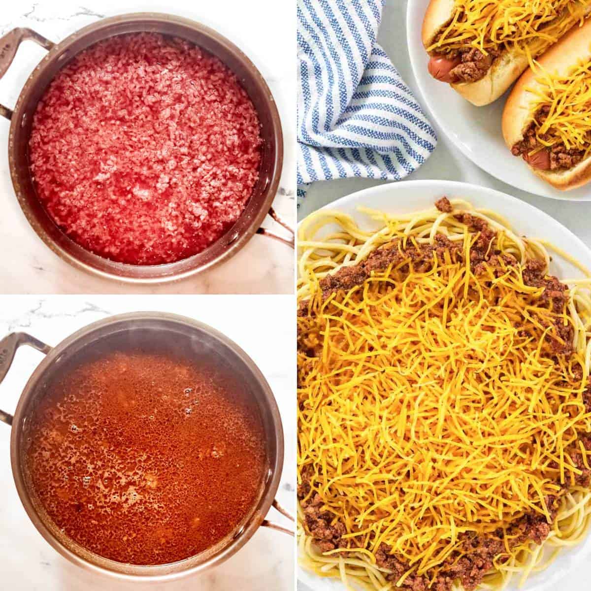 Making chili and serving it over spaghetti and hot dogs.