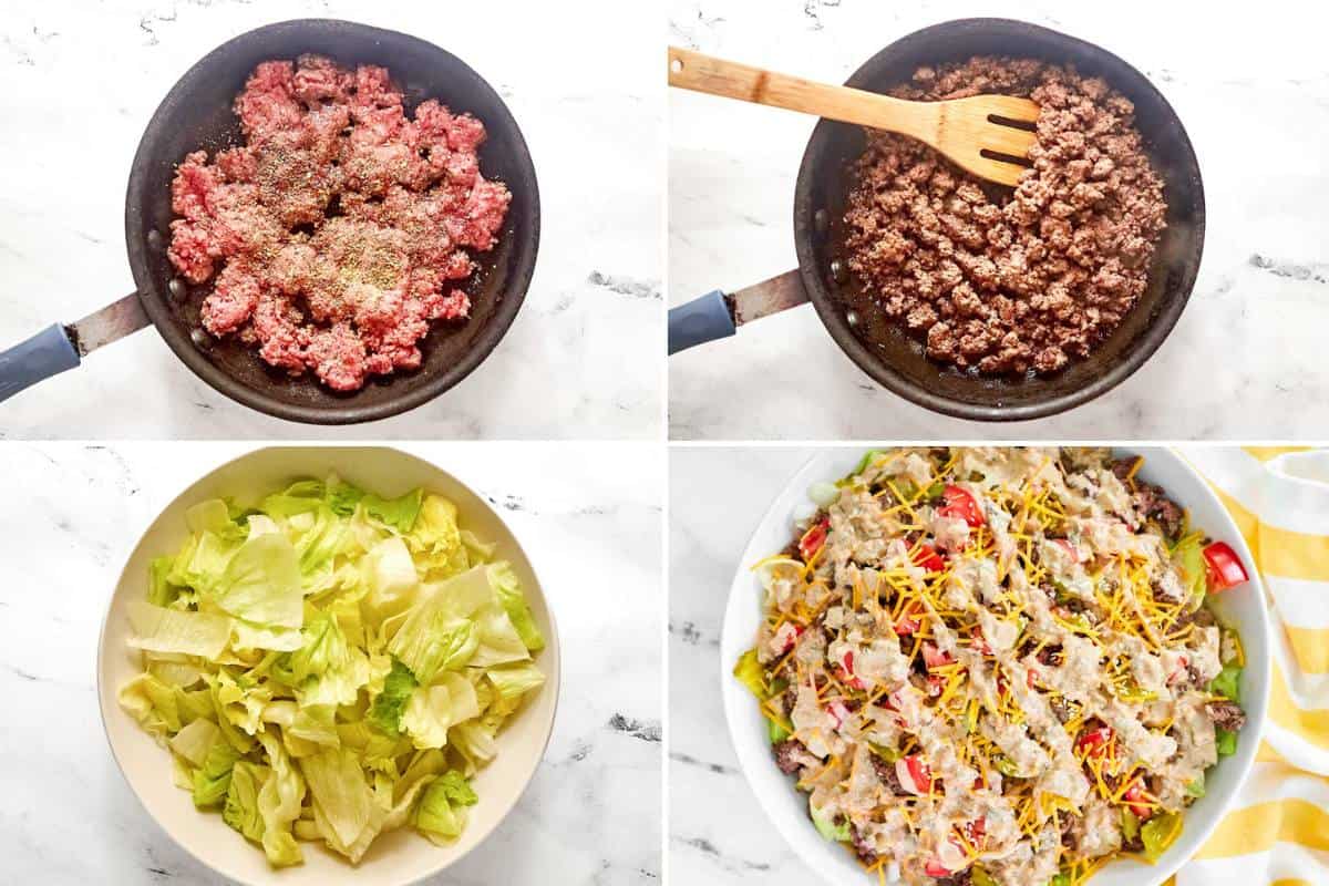 Making a Big Mac burger salad with creamy sauce for the dressing.