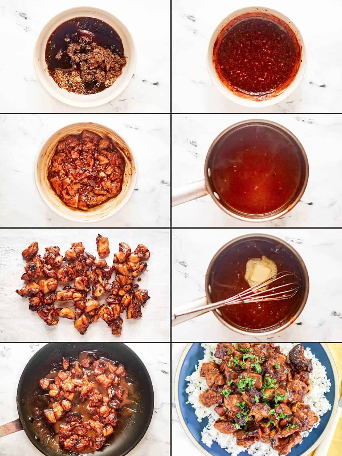 Marinating and serving chicken thigh pieces in brown sugar bourbon sauce.