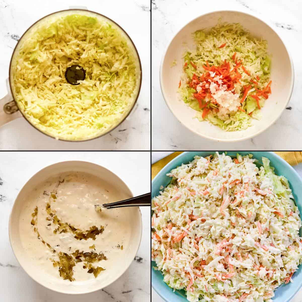 Making creamy cabbage, carrot, onion, and pickle relish coleslaw.