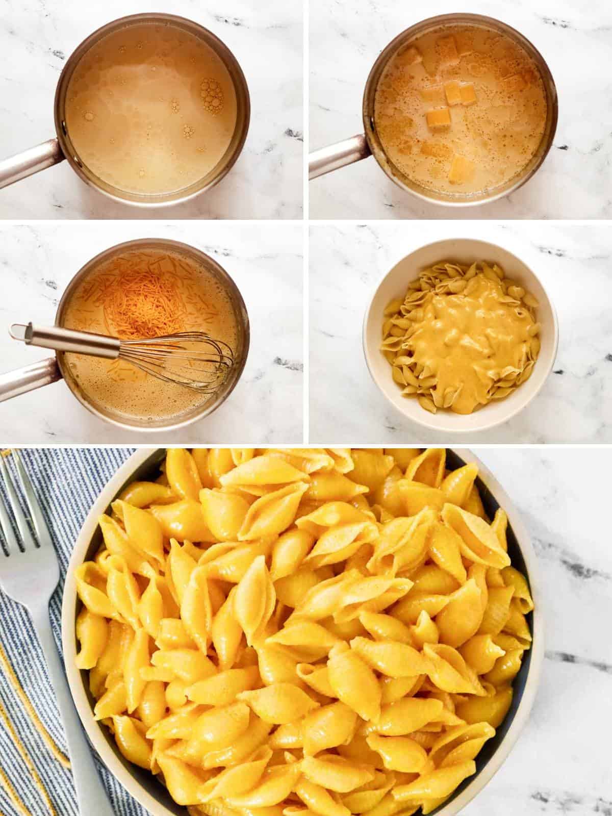 Making a creamy and cheesy shell pasta dish.