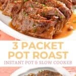 Pot roast made with 3 seasoning packets on a platter.