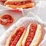Hot dogs baked in the oven with homemade BBQ sauce.
