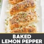Baked lemon pepper chicken served over rice.