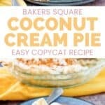 A slice of copycat Bakers Square coconut cream pie on a plate in front of the pie.