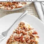 Copycat Baskin Robbins turtle ice cream pie slice and a fork on a plate.