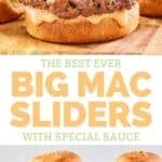 Big Mac sliders with special sauce on a wood serving board.