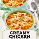 Bowls of creamy chicken bisque with vegetables.