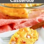 A serving of copycat Cracker Barrel ham and egg casserole and a fork on a plate.