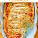 Copycat Dickey's baked potato casserole in a fluted baking dish.