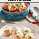 Copycat IKEA Swedish meatballs with sauce and a fork on a plate.