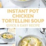 Chicken tortellini soup in bowls and an Instant Pot.