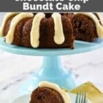 Copycat Nothing Bundt Cakes chocolate chocolate chip bundt cake with cream cheese frosting piped on it.