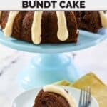 Copycat Nothing Bundt Cakes chocolate chocolate chip bundt with piped cream cheese frosting.