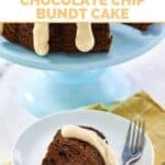 A slice of copycat Nothing Bundt Cakes chocolate chocolate chip bundt cake and a fork on a plate