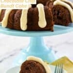 A slice of copycat Nothing Bundt Cakes chocolate chocolate chip bundt in front of the cake.