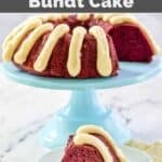 Copycat Nothing Bundt Cakes red velvet bundt cake on a cake stand and a slice on a plate.