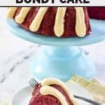 Copycat Nothing Bundt Cakes red velvet bundt cake slice with piped frosting.