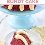 A slice of copycat Nothing Bundt Cakes red velvet bundt cake with piped cream cheese frosting.