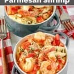 Two servings of copycat Olive Garden baked parmesan shrimp.