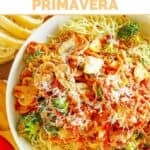 Copycat Olive Garden capellini primavera pasta dish.