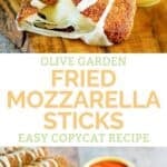 Copycat Olive Garden fried mozzarella sticks served with marinara sauce.