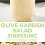 Copycat Olive Garden salad dressing in a mason jar and a salad behind it.