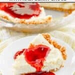 Copycat Pappadeaux key lime pie with pecan graham cracker crust, cream cheese filling, and raspberry sauce.