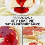 Copycat Pappadeaux key lime pie topped with raspberry sauce.