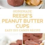 Homemade Reese's peanut butter cups stacked on a plate and one being held up.