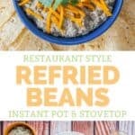 Restaurant style refried beans in a bowl with tortilla chips around it.
