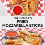 Copycat TGI Friday's fried mozzarella cheese sticks served with marinara for dipping.