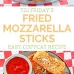 Copycat TGI Friday's fried mozzarella sticks and a cup of marinara on a platter.