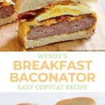 Copycat Wendy's breakfast baconator on a wooden serving board.