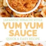 Homemade Japanese hibachi style yum yum sauce in a bowl served with chicken.